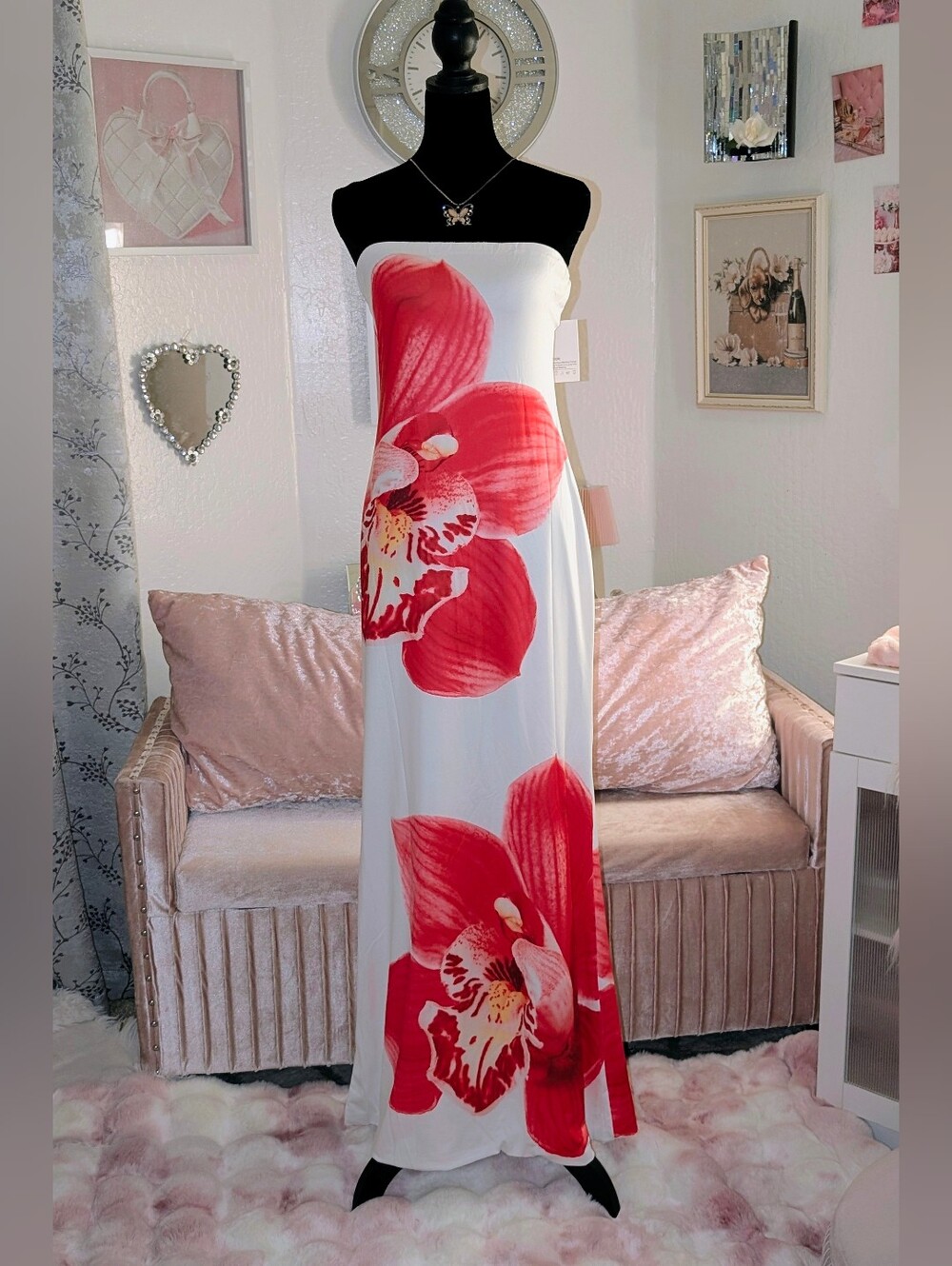 Strapless White Maxi Dress with Red Orchid Print